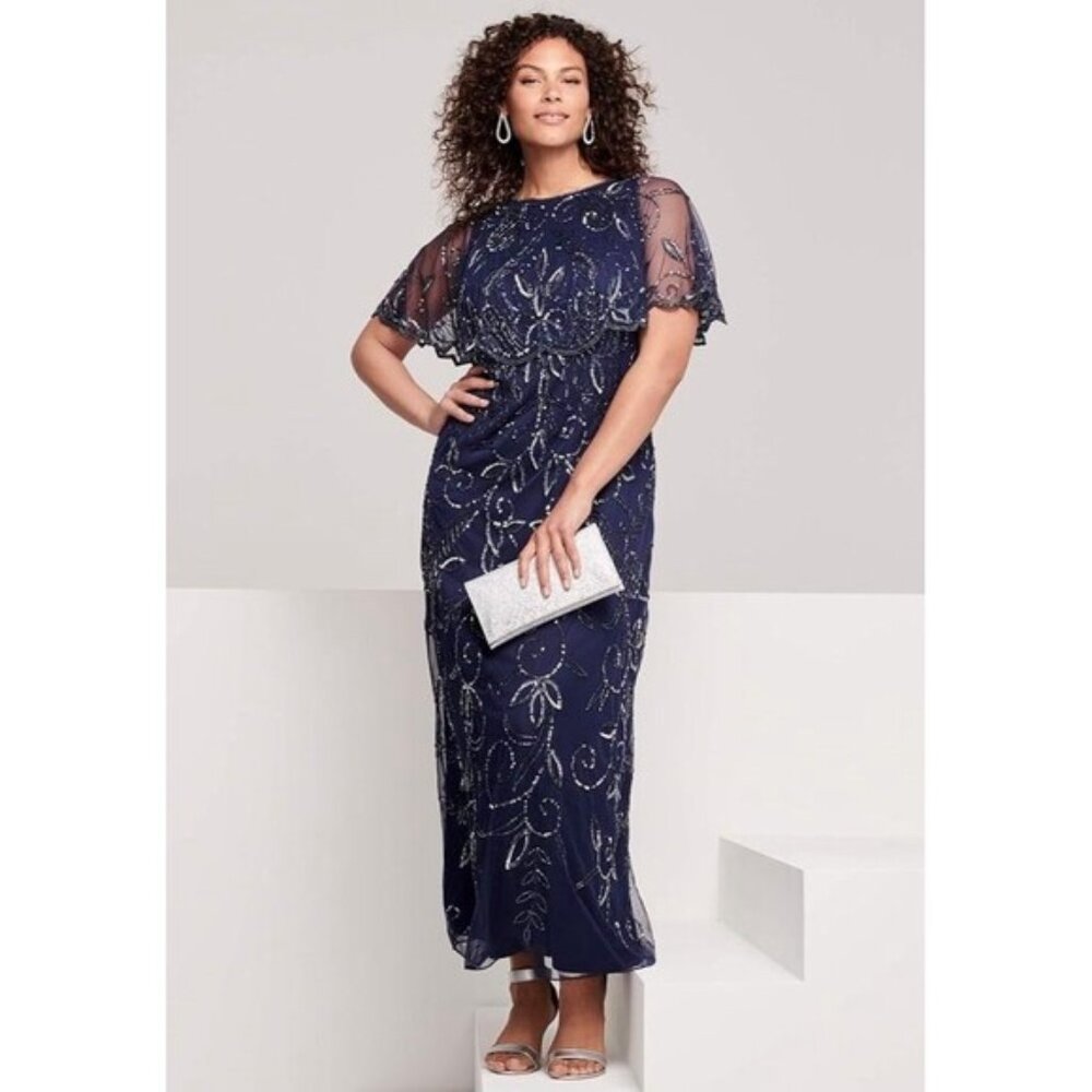 Roamans Woman’s Size 30 Formal Dress Sequined Beaded Navy Blue Mesh Long MOB MOG